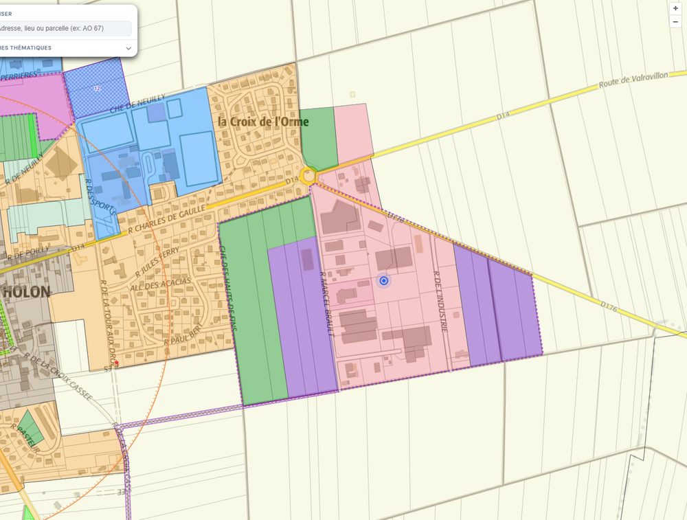 Carte du PLUi sur le portail pluiAssist, parcelle sélectionnée